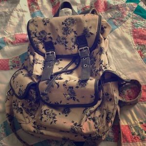 Grey Floral Print Canvas Backpack